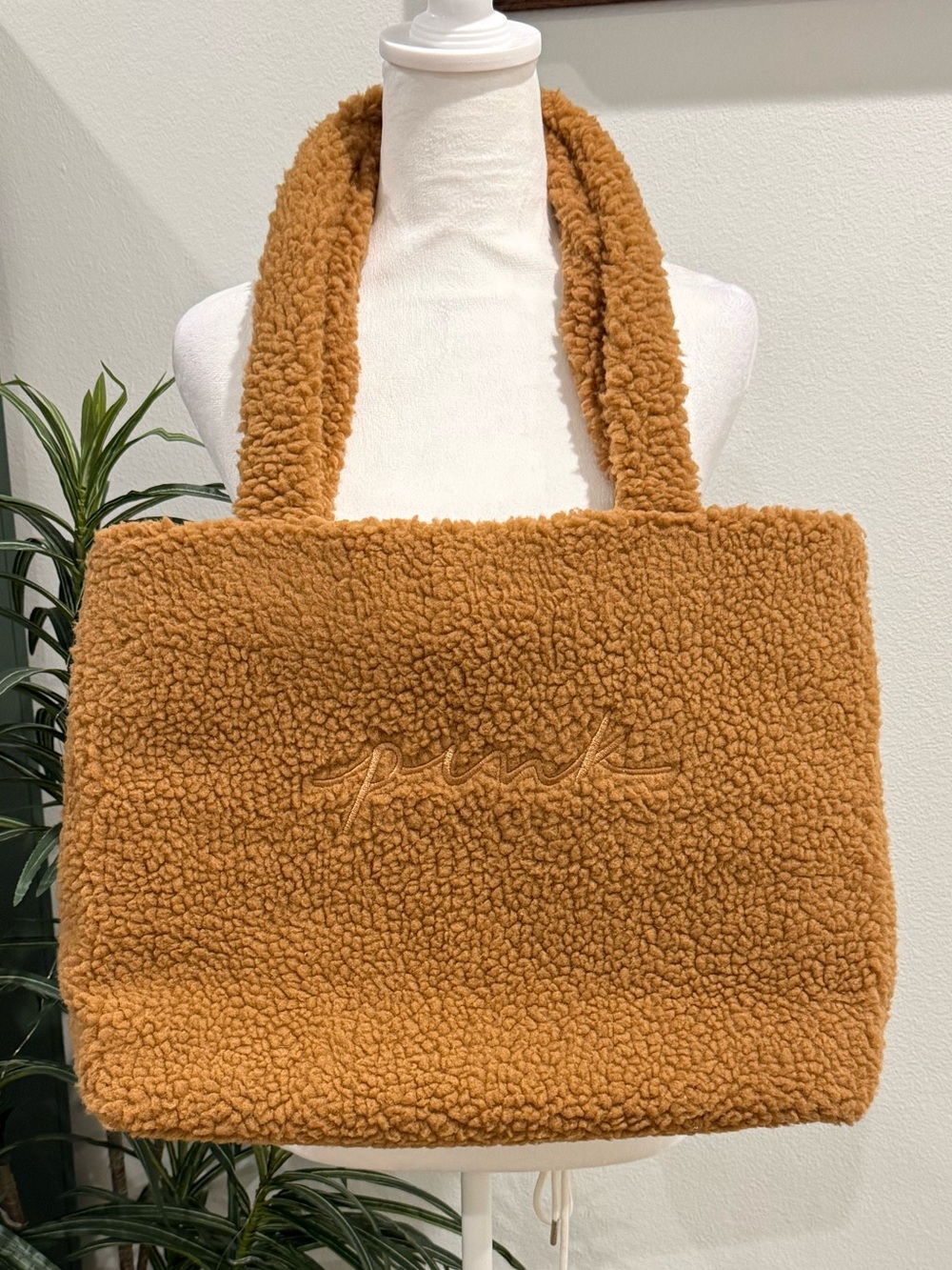 Victoria’s Secret PINK Plush Brown Sherpa Tote Bag With Straps Soft Fuzzy NWOT